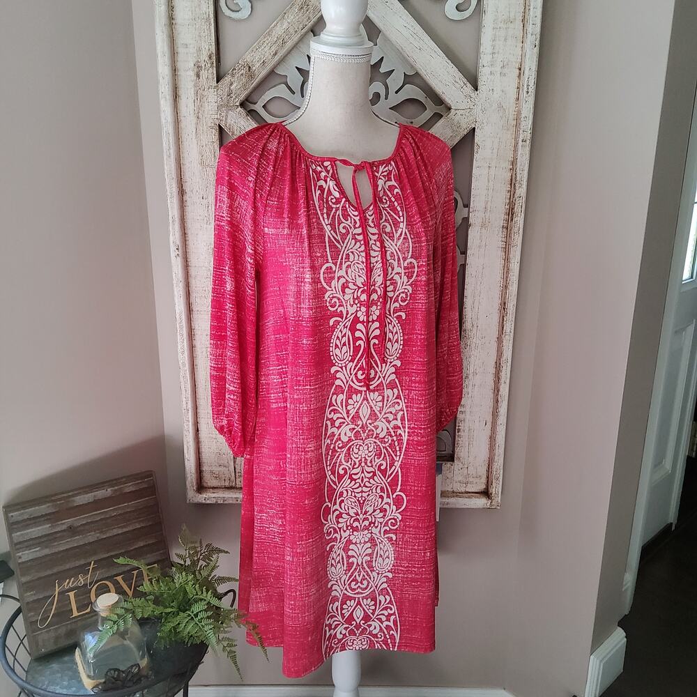 Skye's The Limit Women's 3/4 Sleeve Tie Front Shift Midi Dress in Raspberry